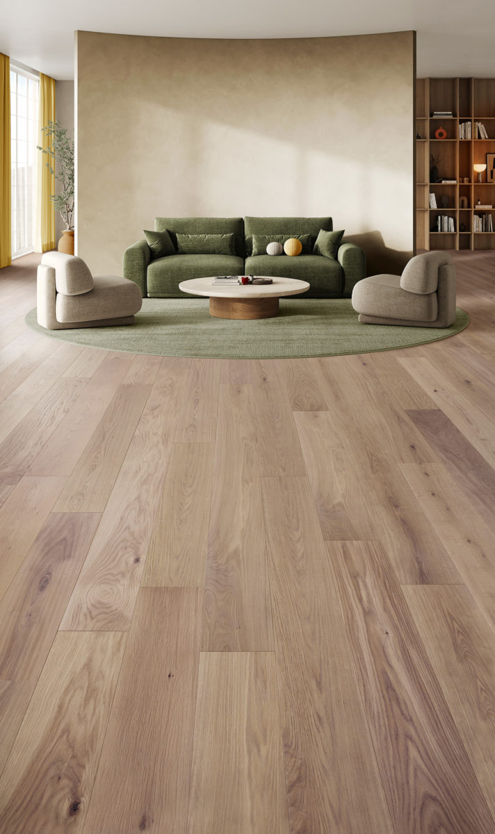 Design Parquet - PURE - RU CA - Design Deco Blanc - Ambiance - salon vert, cozy, intérieur élégant, chaleureux, parquet chêne